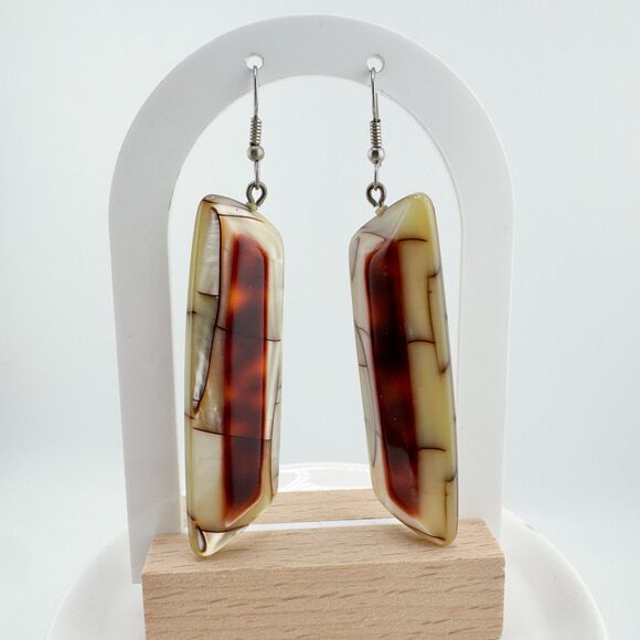 Long Red Cream White Striped Natural Stone Drop Earrings Bohemian Artisan Earthy - Picture 4 of 7